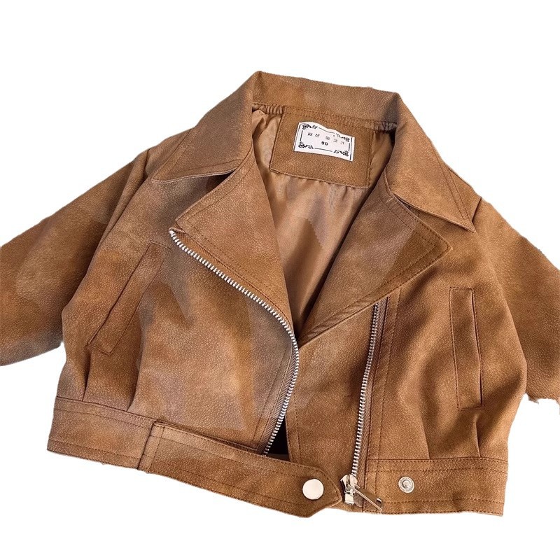 Children's Maillard Leather Coat 2024 Spring and Autumn New Children's Loose Lapel Retro Biker Suit