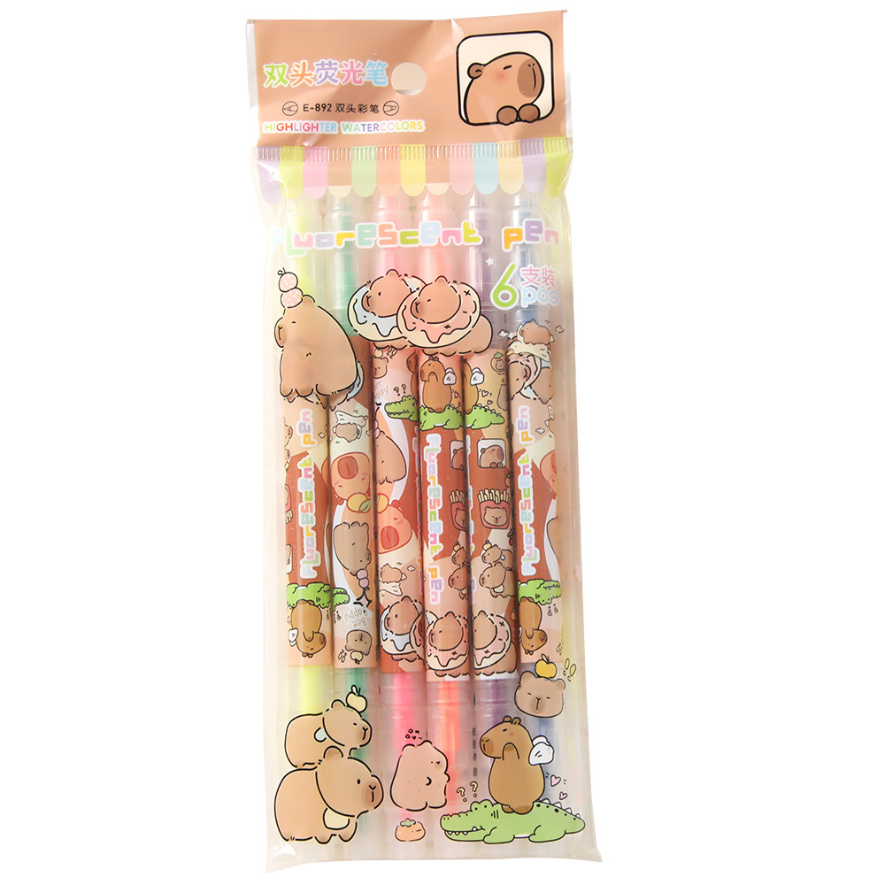 Kappi Bala Double Head Highlighter 6 Pack Student Stationery Stroke Key Sentence Marking Pen Color Oblique Head Marking Pen