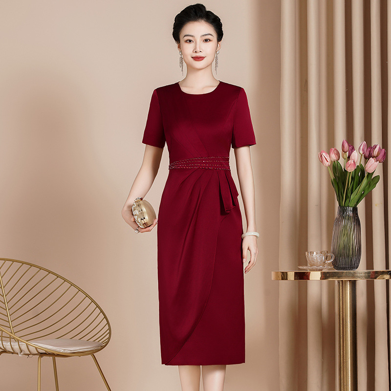 Middle-aged Women's Cheongsam Skirt Summer Mid-length Skirt Western-style Short-sleeved Waist Small Mother's Slimming dress