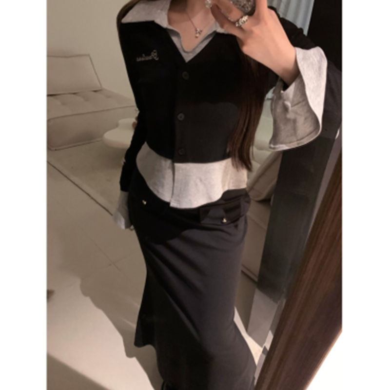 Korean Style Gentle Style Contrasting Color Long-Sleeved Top Suit for Women Autum New College Slimming Fishtail Skirt Two-Piece Set