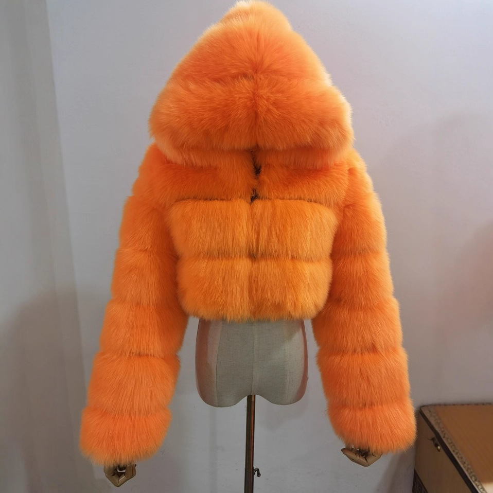 Cross-border European and American fur coat short hooded imitation fur coat imitation fox fur long sleeve stitching women's coat spot