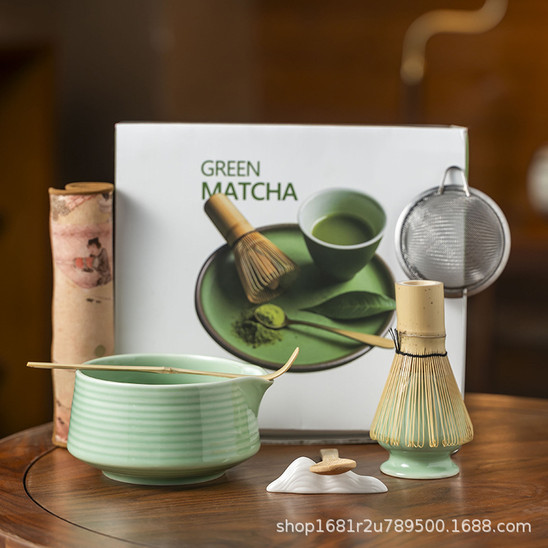 Japanese-Style Matcha Tea Set with Tea Whisk, Tea Scoop, Tea Bowl, and Tea Tools in a Colorful Ceramic Box Set