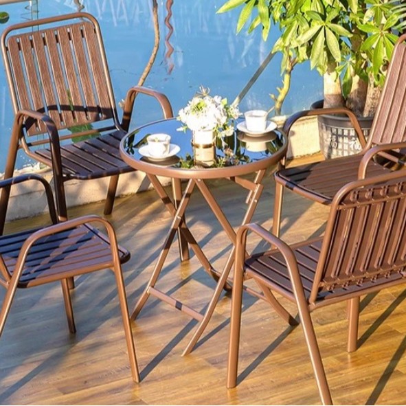 Outdoor Table and Chair Combination Outdoor Leisure Balcony Plastic-wood Waterproof Sunscreen Villa Garden Courtyard Outdoor Iron Leisure