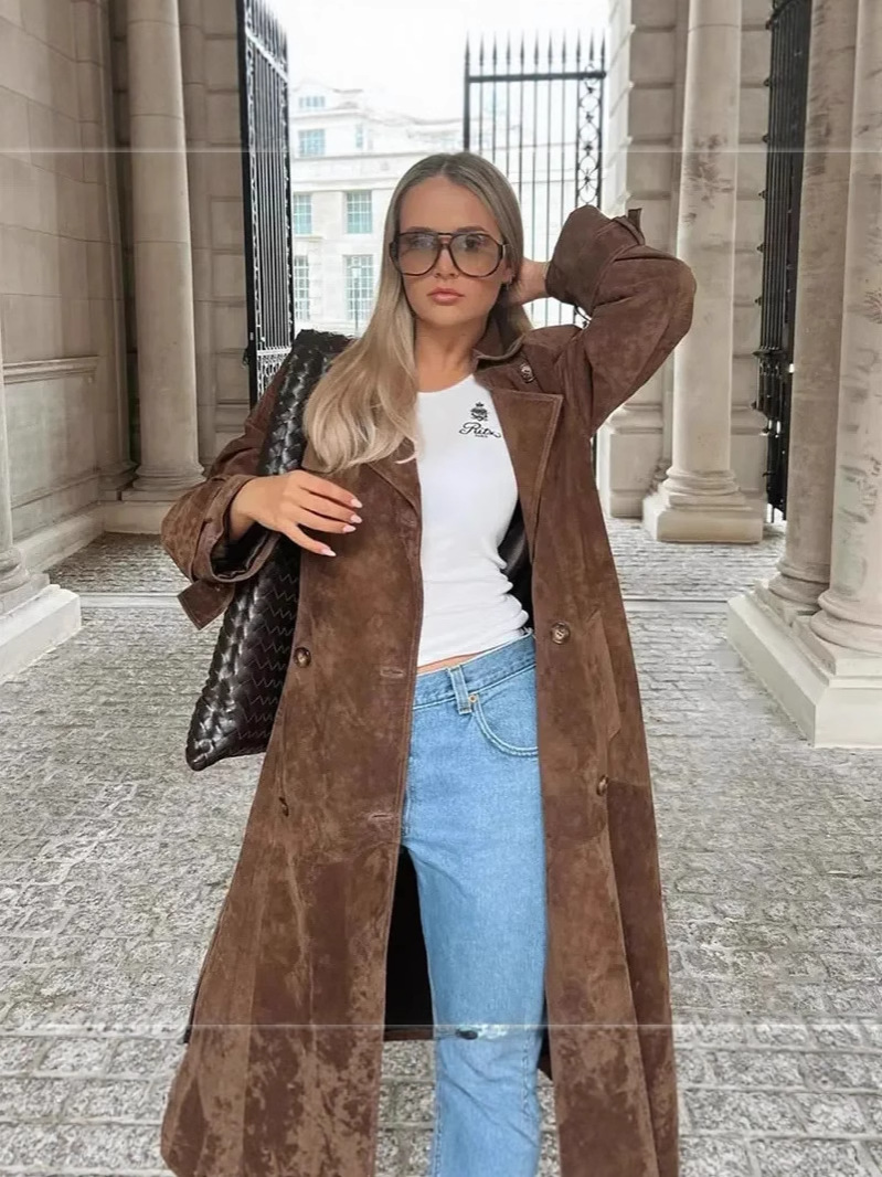 Кросс-браундерная ретро ветровка для женщин с поясом, длинным рукавом и двойной застежкой на осень и зиму