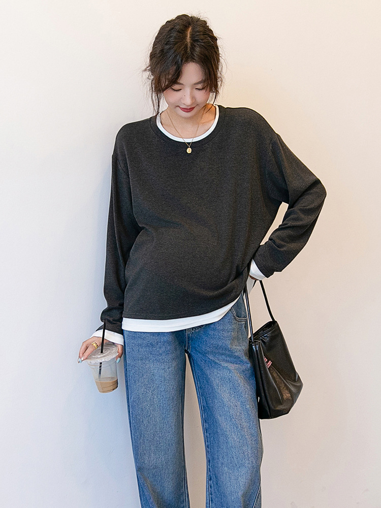 Spring and Autumn Korean Maternity Dress Fashion Fake Two-piece Pregnant Women T-shirt Top Loose plus size Long Sleeve Pregnant Women Base Shirt