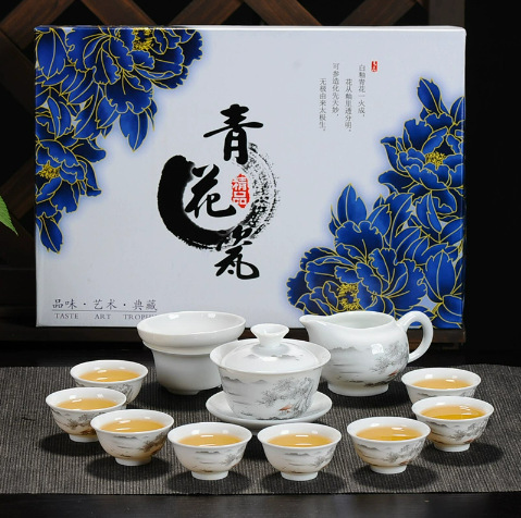 Factory direct kung fu tea set suit ceramic tea cup white porcelain set of blue and white tea cup cover bowl tea set can be made logo