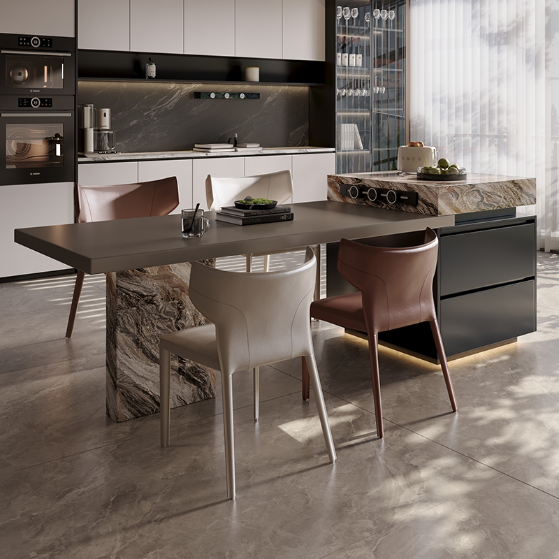 Полный островной шкаф с обеденным столом, интегрированный выдвижной барный стол, минималистичный стиль, венетто коричневый