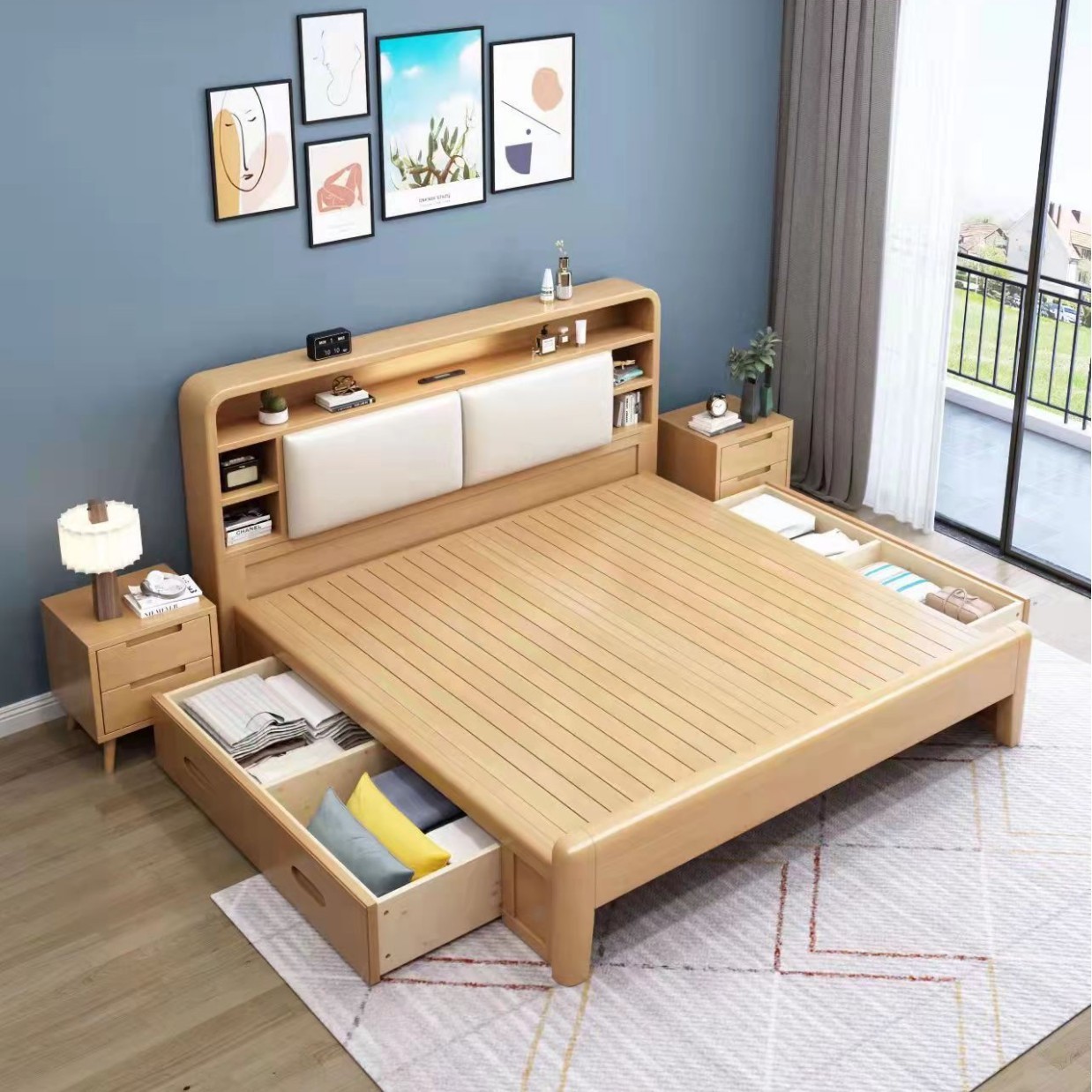 Home Bedside with Lamp Master Bedroom 1.8m Solid Wood Double Bed Hotel Modern Simple with Storage Scandinavian Solid Wood Bed