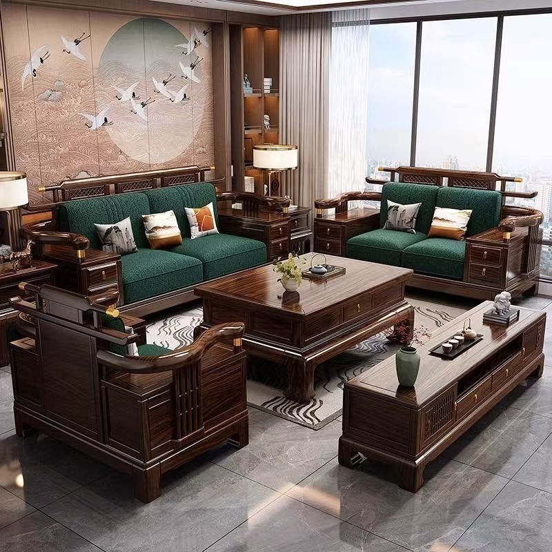 New Chinese Style Ebony Solid Wood Sofa Combination Villa Living Room Modern High-End Winter and Summer Dual-Use Large Storage Furniture