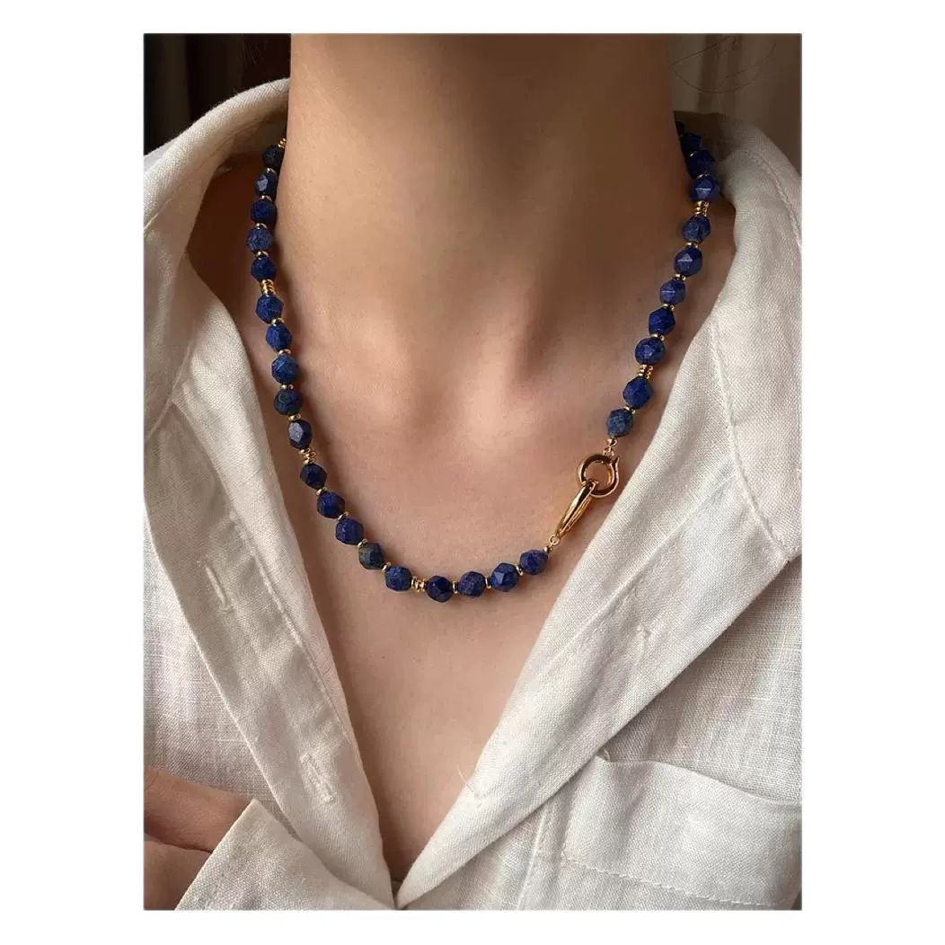 Medieval Vintage Retro Special-Shaped Cut Surface Matte Lapis Lazuli Beaded Necklace Women's Wood Grain Stone High-End Necklace