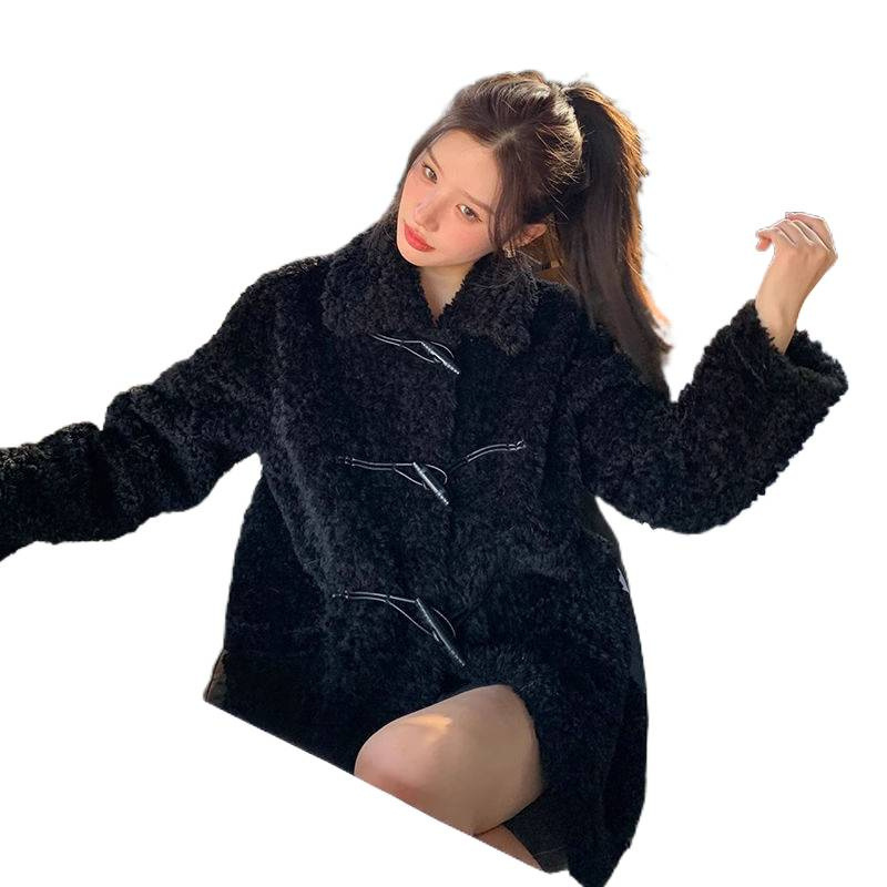 Imitation Lamb Coat 2025 New Autumn and Winter Women's Horn Button Mid-Length Black Thick Fur Coat
