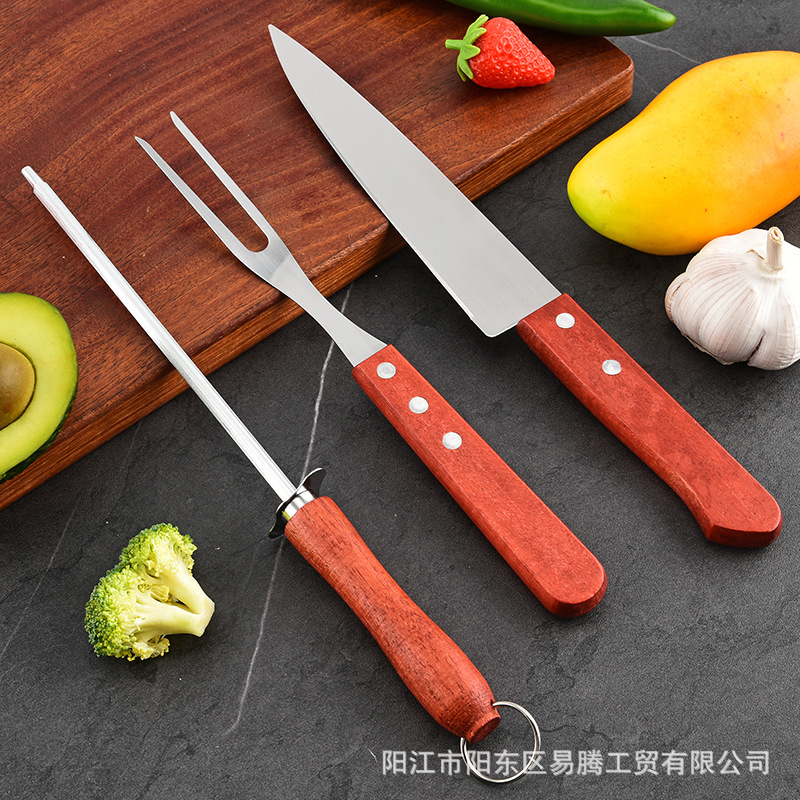 Spot New Barbecue Three-Piece Grill Set Wooden Handle Stainless Steel Outdoor Camping Barbecue Utensil Set