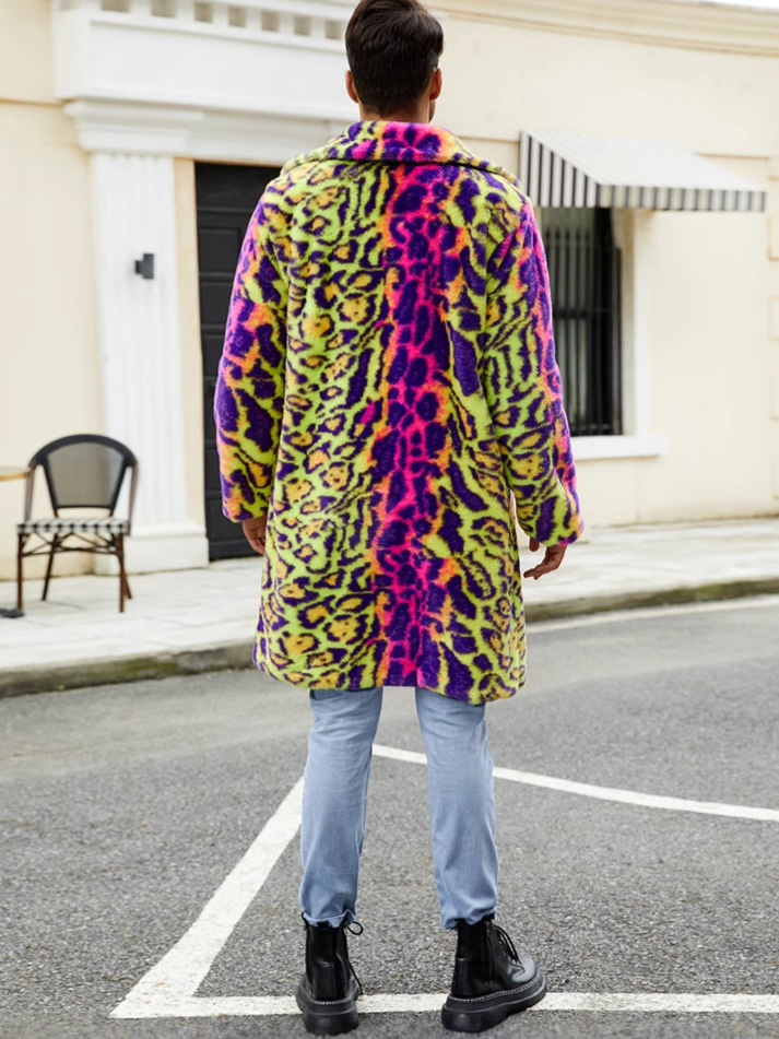 F0774 Cross-border European and American Men's Faux Fur Coat Autumn and Winter Warm Plush Coat Leopard Contrast Coat