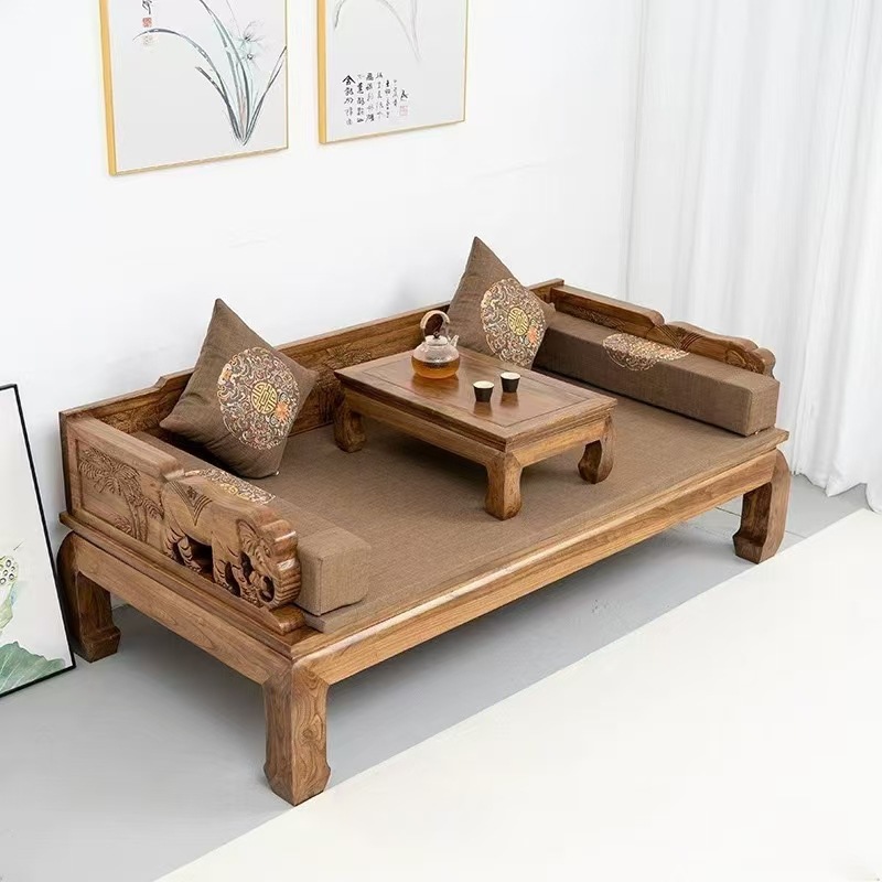 Old Elm Wood Luohan Bed Solid Wood Sofa Bed Antique Furniture Sleeping Couch Living Room Small Apartment Zen Sofa Combination Bed Couch