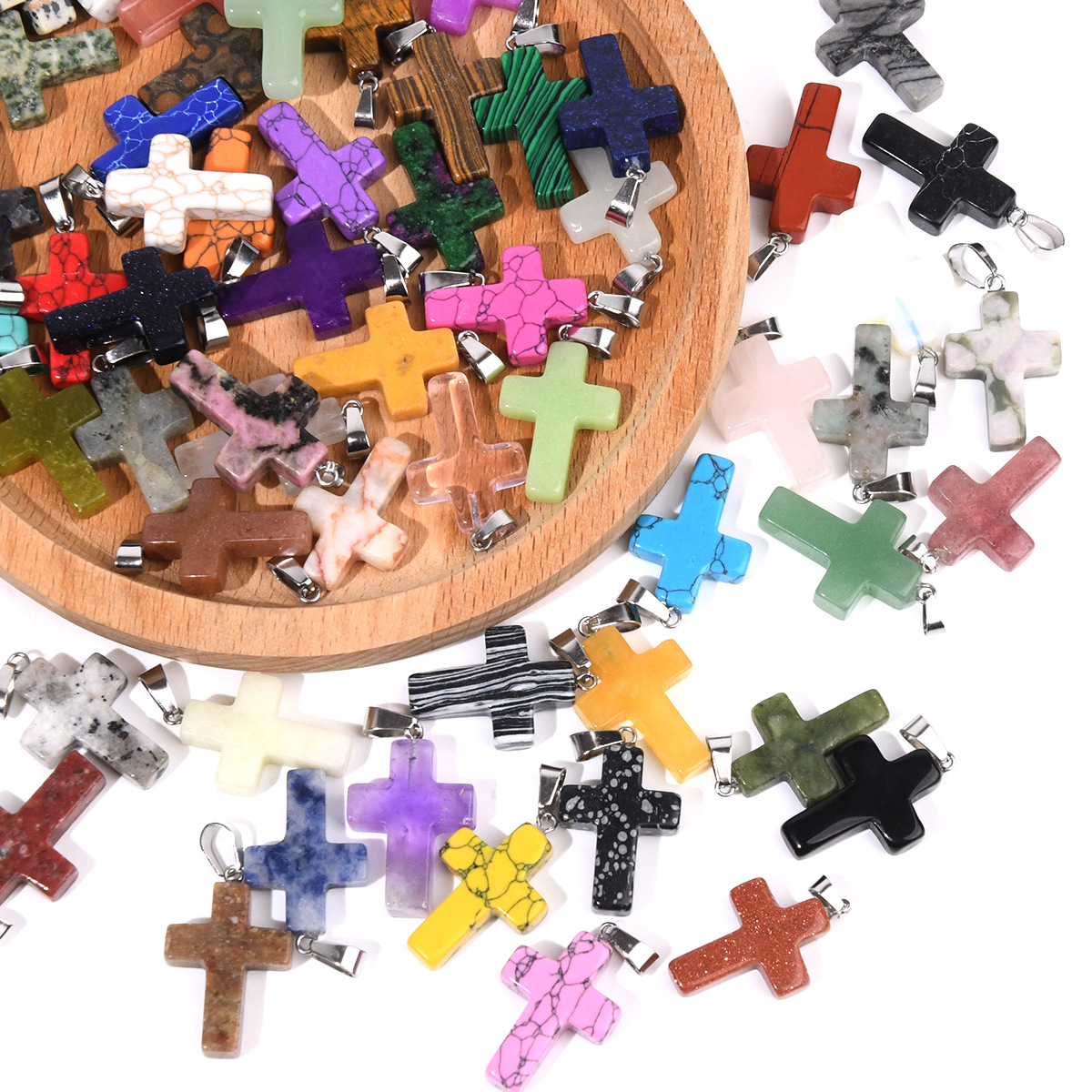 Кросс-бордерный натуральный кристалл кулон крест европейская и американская мода экспорт DIY ювелирные аксессуары кожаная веревка цепочка для ключиц оптовая продажа