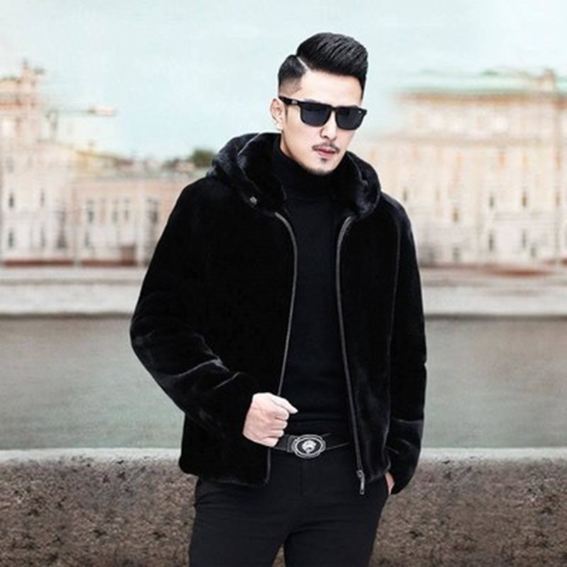 Customized Autumn and Winter Imitation Mink Outwear Mid-Length Men's Hooded Zipper Mink Outwear Mink Velvet Fur Top