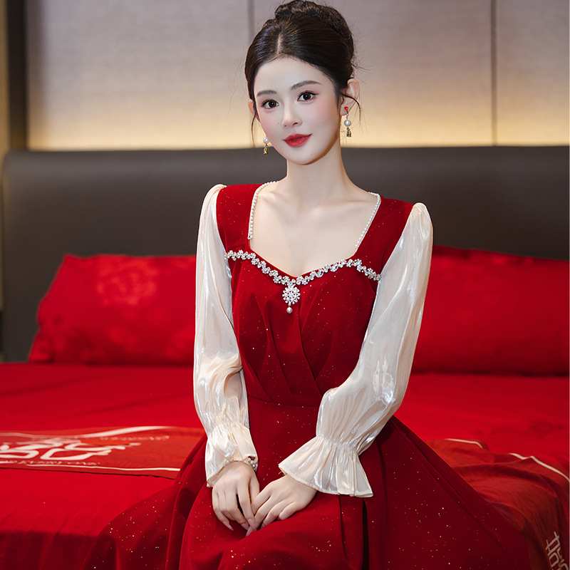 Red Velvet Engagement Dress Summer Burgundy Wedding Bride Pregnant Fat mm Toast Dress Slimming Look