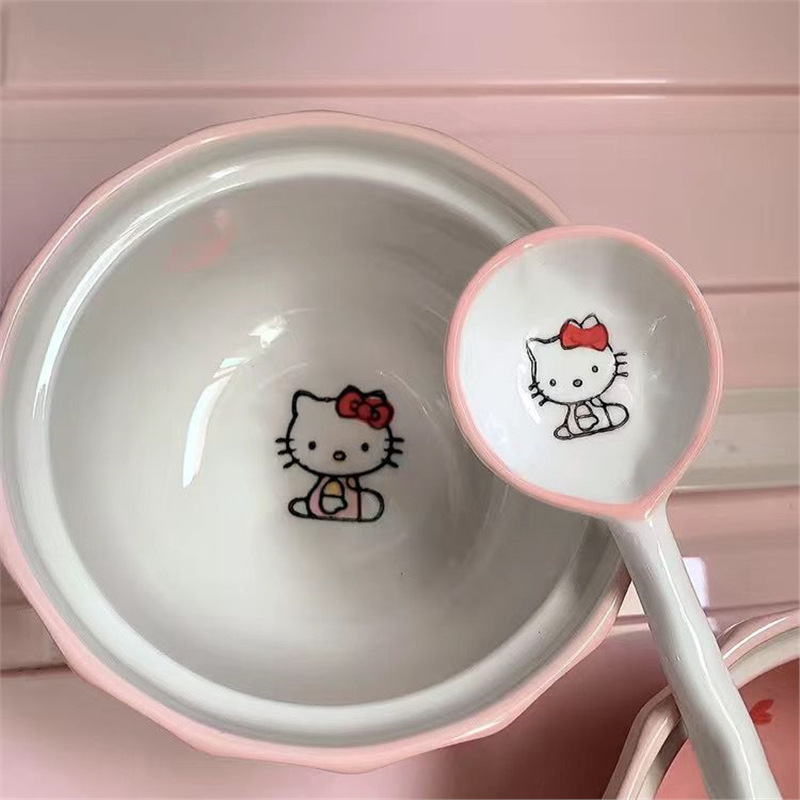 Trendy Ceramic Tableware Hello Kitty Dormitory Home Single-Person Dining Bowl Plate Spoon Baking Bowl High-Value Three-Piece Set