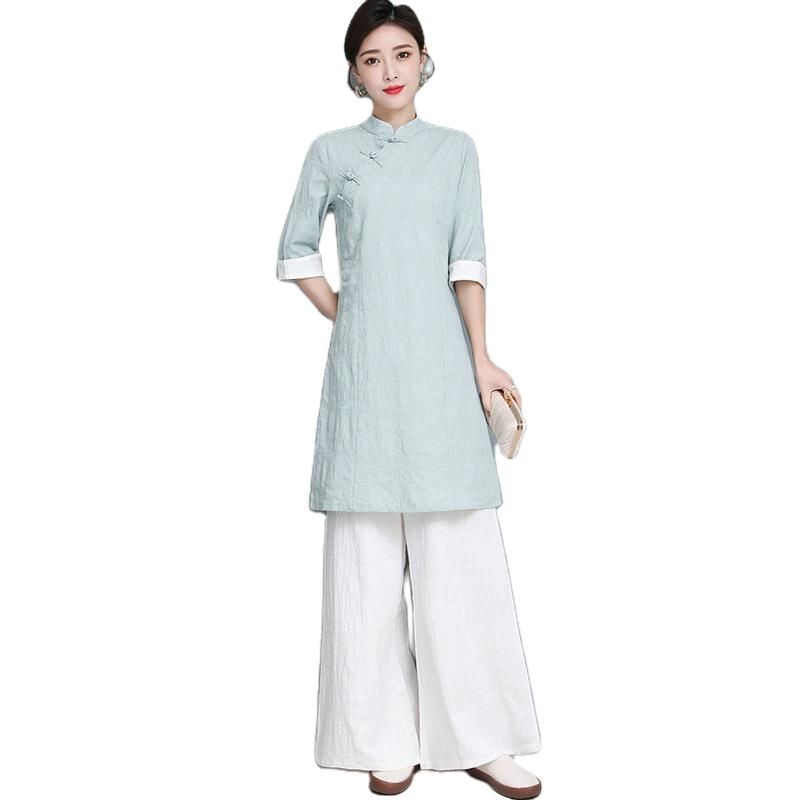 Chinese Style Women's Retro Jacquard Cotton Linen Tea Clothing Spring and Summer Hanfu Improved Cheongsam Top Beauty Salon Work Clothes Women