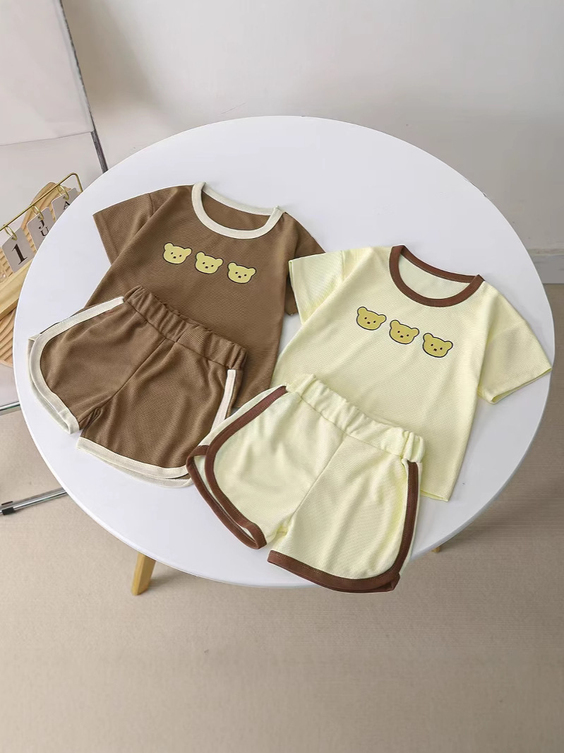 2025 New Summer Short-sleeved Shorts Children's Waffles Short-sleeved Rounded Pants Set Short Set Three Bears Head Cartoon