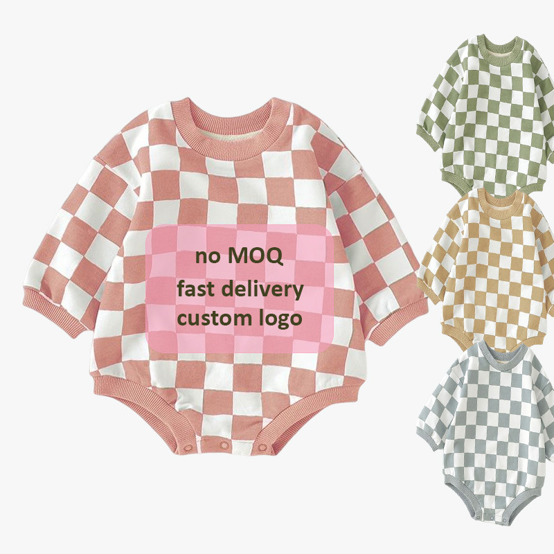 Foreign Trade Children's Sweatshirt Ins Crawling Suit Checkerboard Pattern Baby Jumpsuit Organic Cotton Baby Onesie