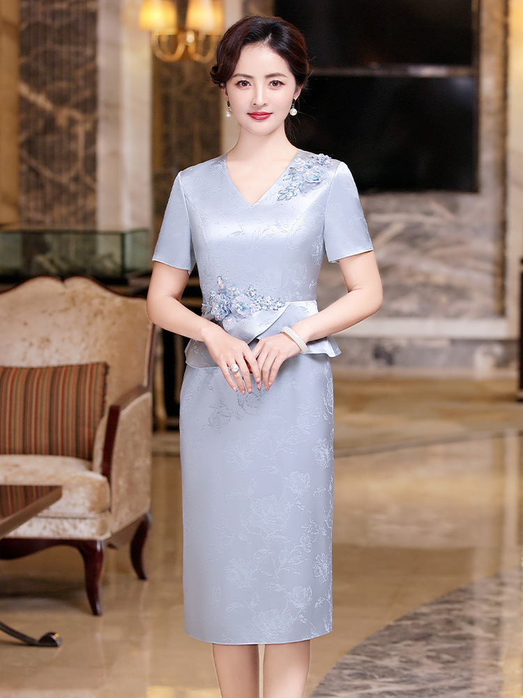 Petite Mother Wedding Banquet Tummy-Covering Dress Summer High-End Acetate Jacquard Mother-In-Law Banquet Toast Dress