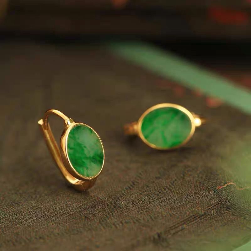 Natural Chalcedony A-Grade Earrings, Sun Green Jade Round Brand Earrings, Niche Design Sense of Design Earrings, Ear Buckles for Women, Jade