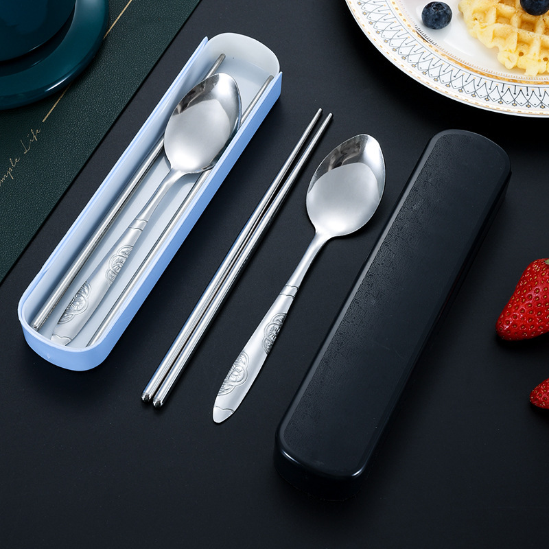 Stainless Steel Portable Tableware Set Creative Outdoor Chopsticks, Forks and Spoons Three-Piece Set Office Worker Spoon and Fork Pull-Out Box Wholesale