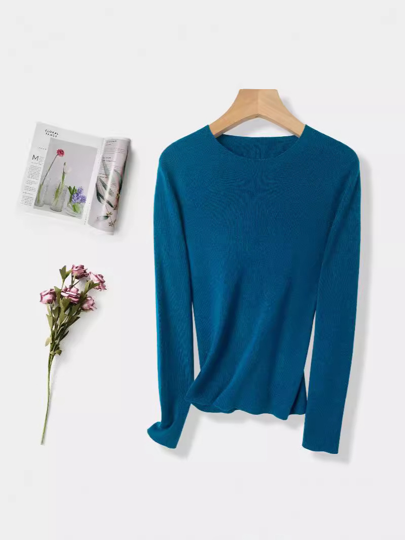 Machine Washable 60-Count Seamless Base Shirt, Round Neck, 100% Wool Knit Sweater for Women, Autumn and Winter Slim-Fit Thin Sweater for Women