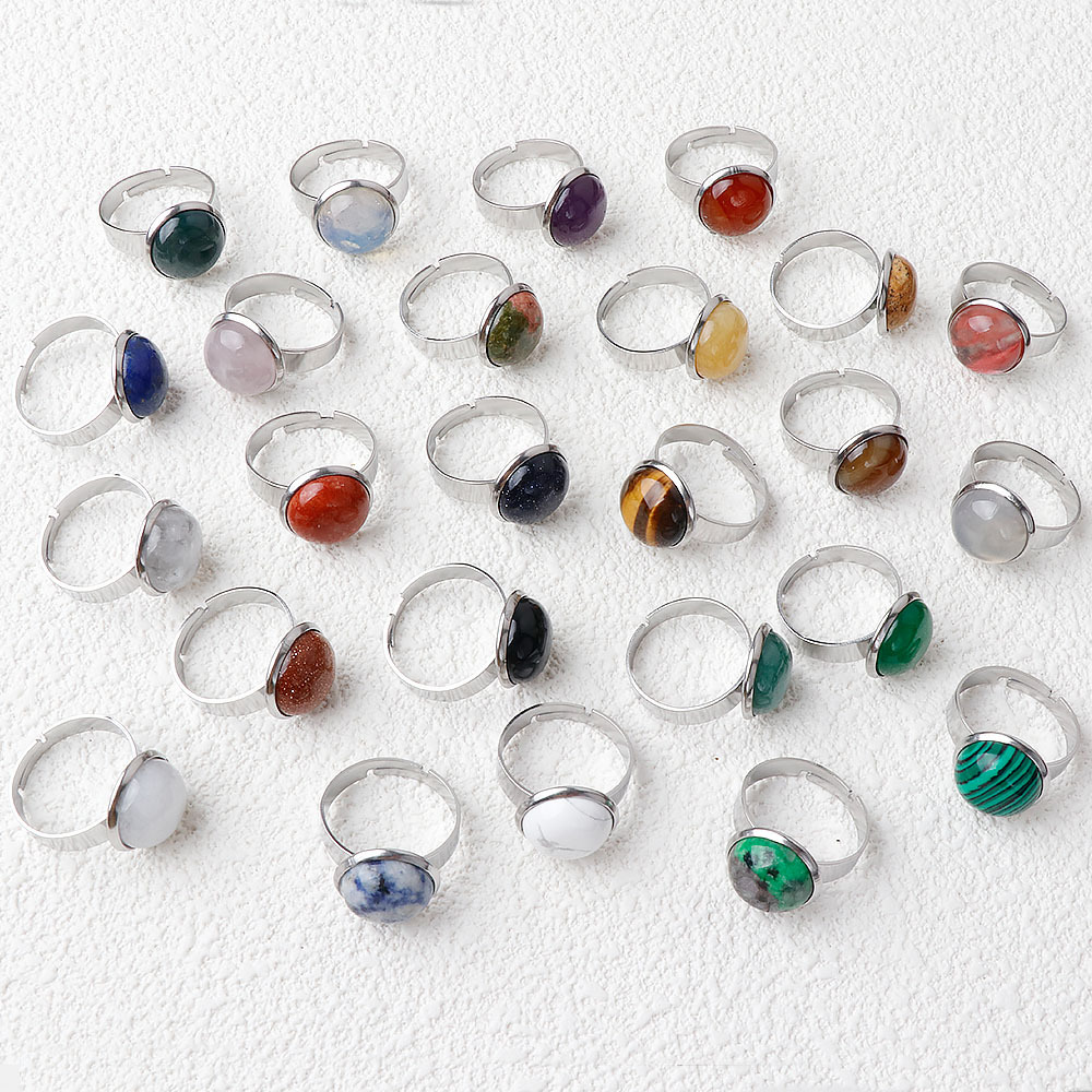 15mm Natural Crystal Agate Stone Inlaid Ring Gemstone Stainless Steel Ring Setting Amethyst Rose Quartz Aventurine