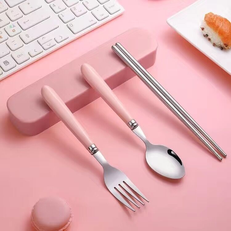 Portable Tableware Set Stainless Steel Spoon Chopsticks Fork Household Student Children Simple Tableware Three-Piece Set Cross-Border