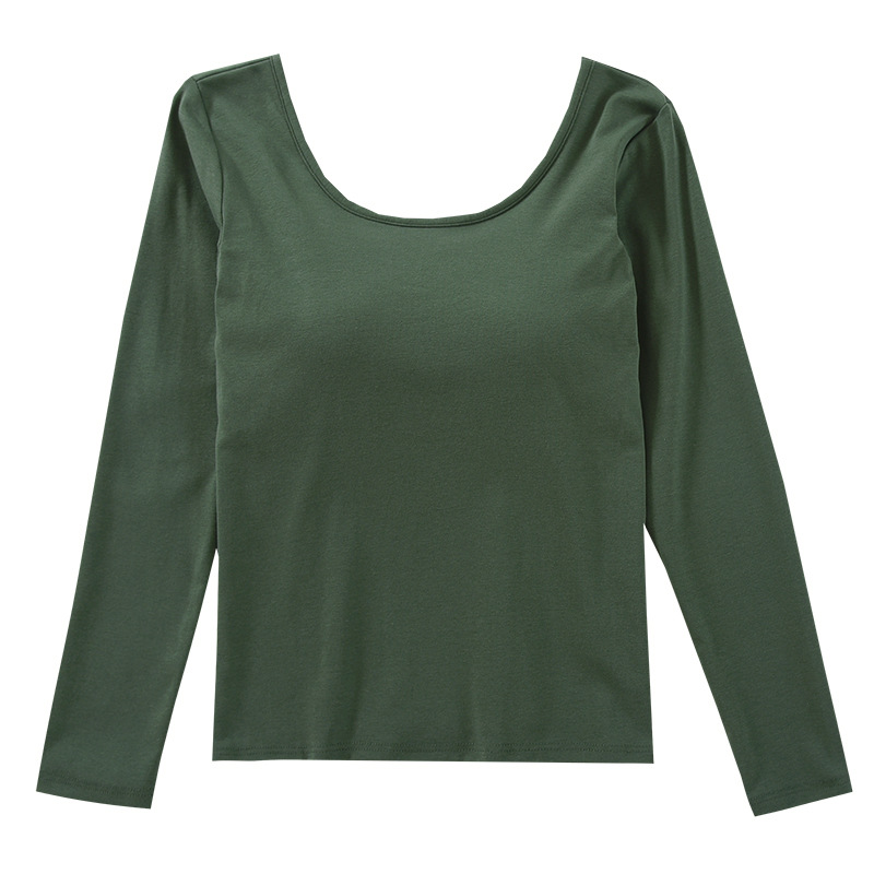 Long-sleeved Cup One-piece T-shirt with Chest Pad Cotton Women's Top U-back Round Neck Spring and Autumn Inner Wear Outer Base Shirt