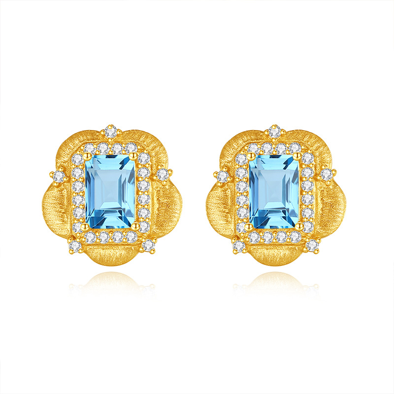 European and American Retro Italian Brushed Natural Crystal Stone Earrings S925 Sterling Silver Earrings for Women Xiaohongshu Hot Style