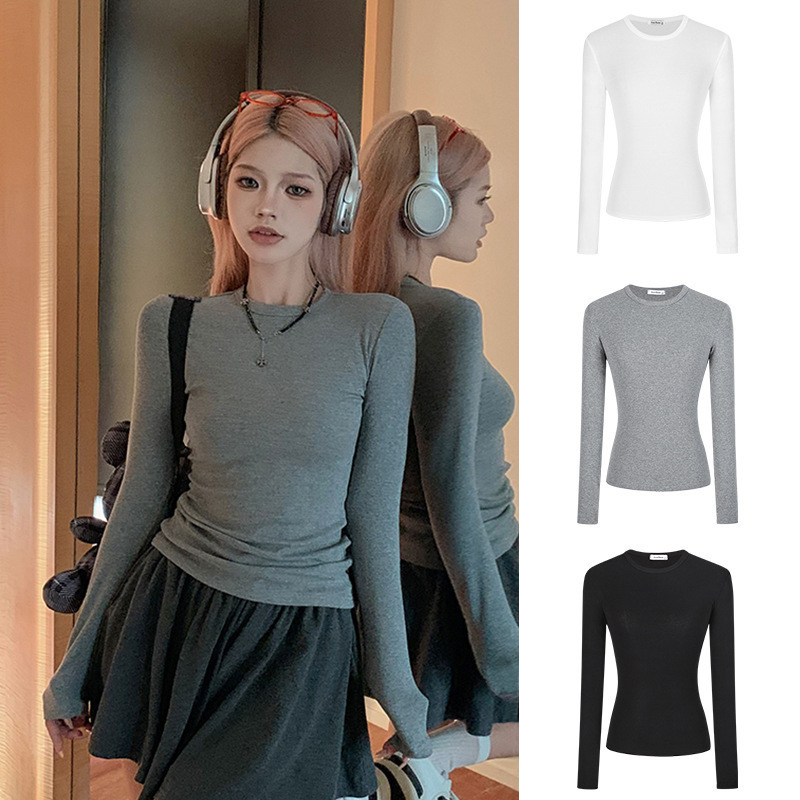 Nicole Real Cartoon Figure 2024 Autumn New Slim-fit Sexy Slimming Solid Color All-match Base Top Long-sleeved T-shirt