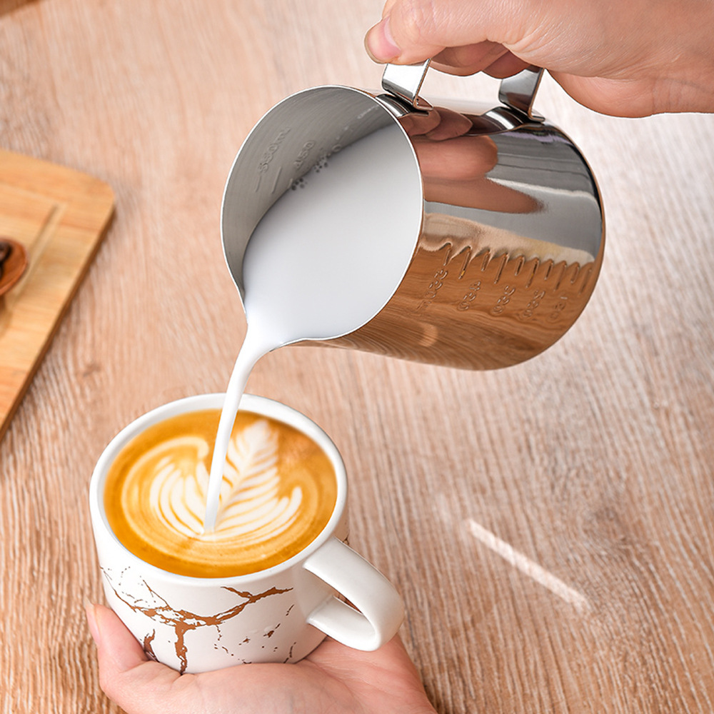 Cross-Border Popular Stainless Steel Latte Art Cup with Scale, Latte Art Cylinder, Pointed Mouth, Household Latte Art Utensil, Milk Foam Cup 350ml