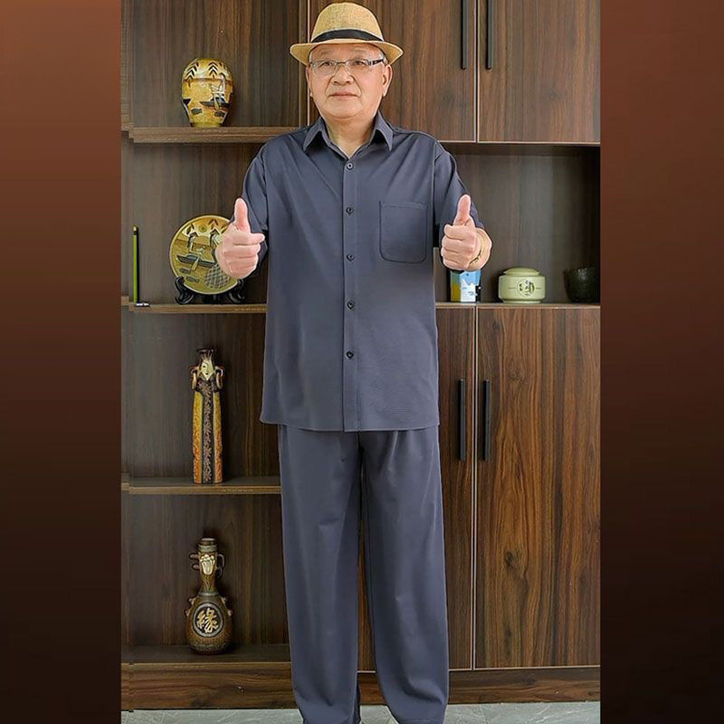 Летняя рубашка с коротким рукавом из ледяного шелка для мужчин среднего и пожилого возраста, свободная