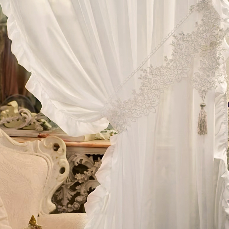 French-Style Light Luxury Princess Pure White Modern High-End Sheer Curtains for Living Room and Bedroom, Light-Transmitting but Not See-Through