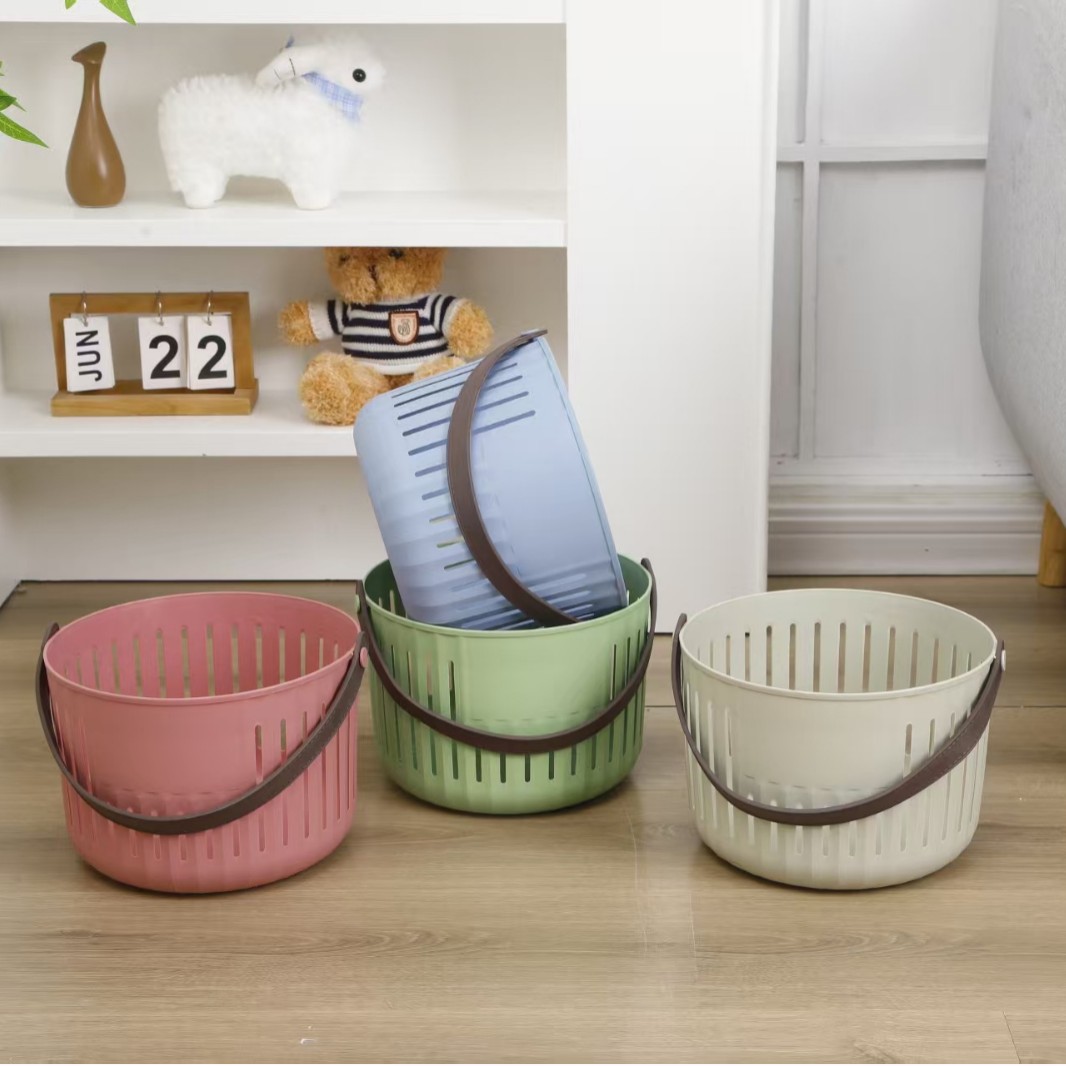 New Round Leather Handle Bath Basket Household Toiletries Storage Basket Cosmetic Storage Basket