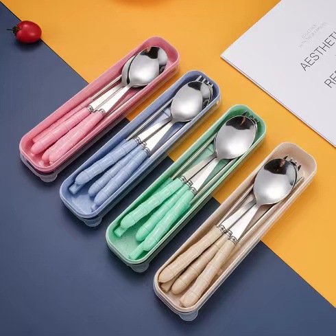 Stainless steel convenient tableware suit chopsticks fork chopsticks box outdoor student tableware Three-Piece Gift tableware suit