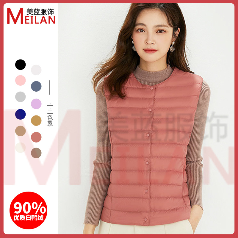 Легкий пуховик-жилет для женщин, оптовая продажа, круглый вырез, большой размер, тонкая легкая зимняя куртка