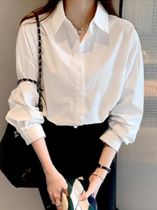 Uniform Shirt Basic Long-Sleeved White Shirt for Women New Versatile Basic Work Clothes with Retro Shirt for Women