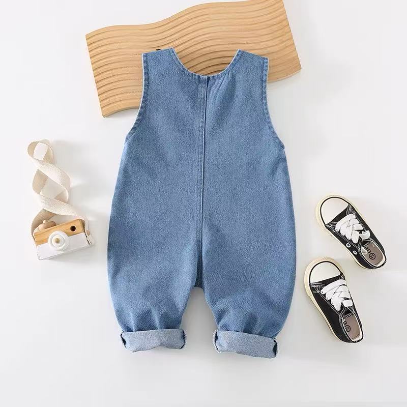 Baby's Soft Denim Strap Sleeveless Kid Sleeveless Cartoon Spring and Autumn Trousers for Boys and Girls Baby Climbing Clothes