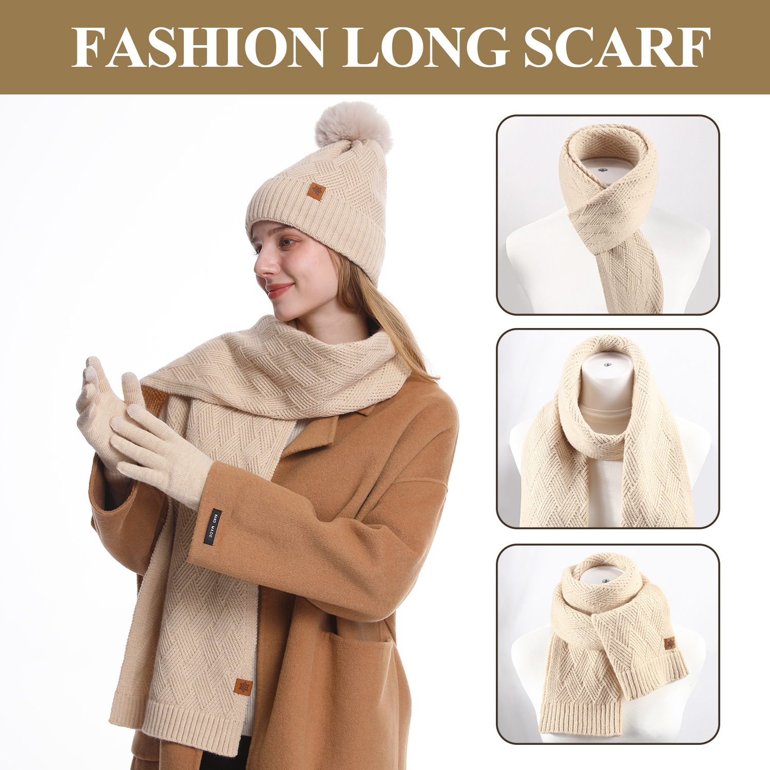 Amazon Knitted Hat Scarf Gloves Three-piece Set Women's Autumn and Winter Outdoor Warm Double-layer Wool Knitted Hat