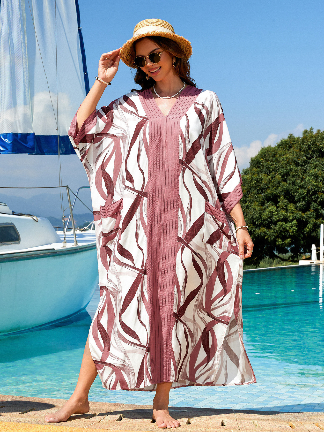 Beach Cover-Up Rayon Pocket Vacation Dress Robe Cross-Border Amazon (21 Colors) L5054 L