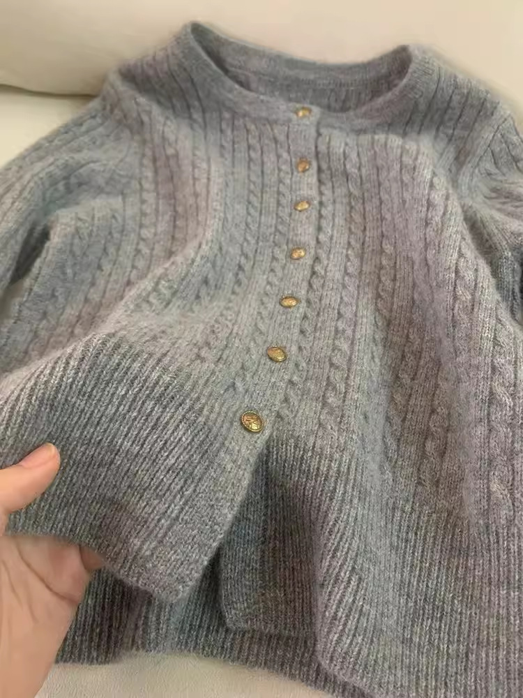 European Heavy-weight Simple Twist Niche Knitted Round Neck Cardigan Women's Autumn and Winter All-match Lazy Soft Waxy Gold Button Sweater