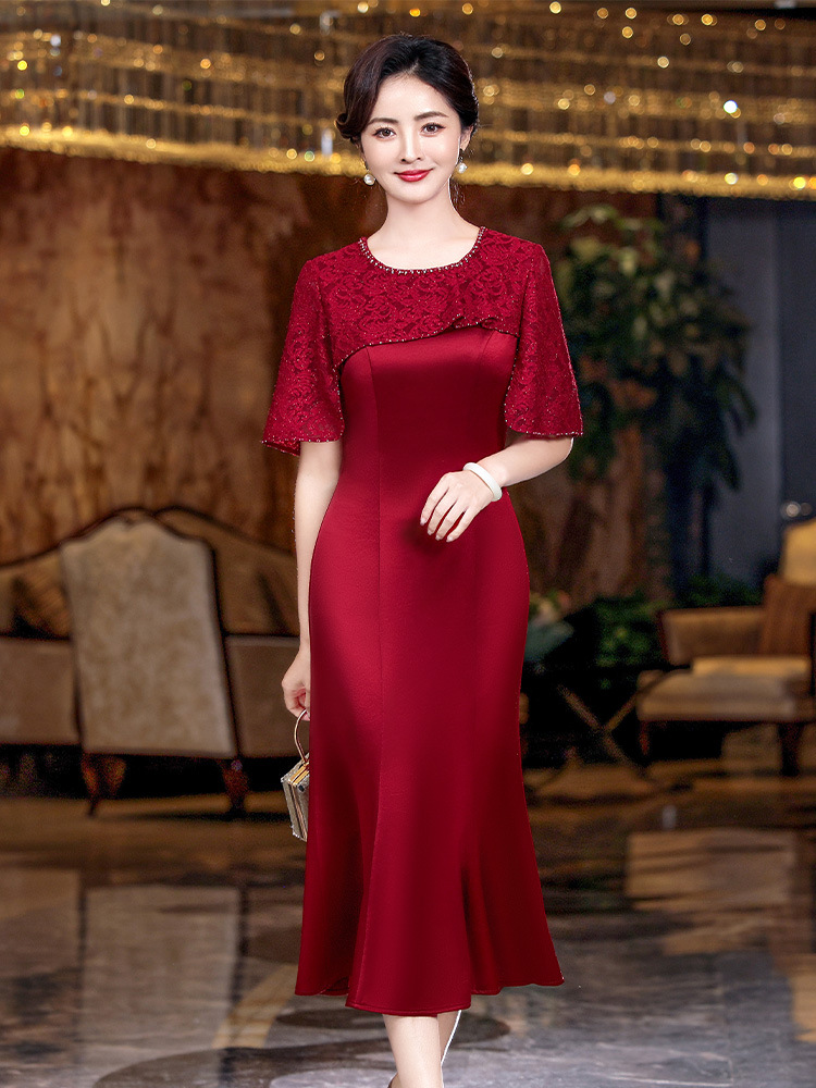 High-End Light Luxury Niche Mother-In-Law Wedding Banquet Dress Summer New Fashion Acetate Splicing Lace Fishtail Skirt