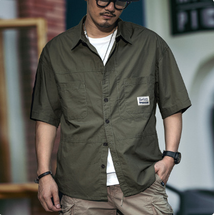 All-Match Casual Japanese Style Retro Short-Sleeved Shirt Men's Summer New Loose Casual Solid Color Workwear Shirt