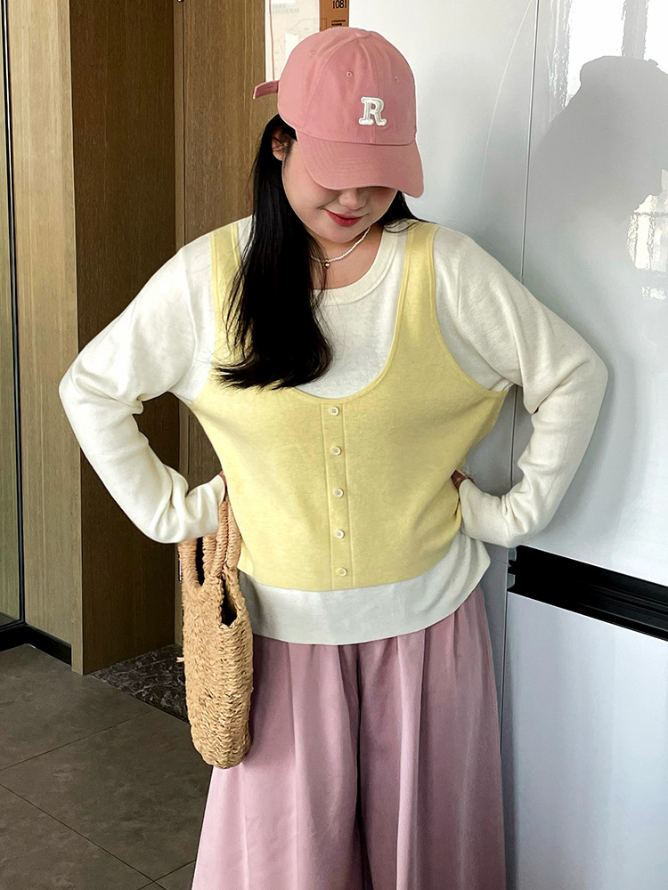 Plus Size Women's Color-Blocked Faux Two-Piece Sweater, Women's Sweater, 2025 Autumn Style, Casual Loose Knitwear for Chubby Girls 22825