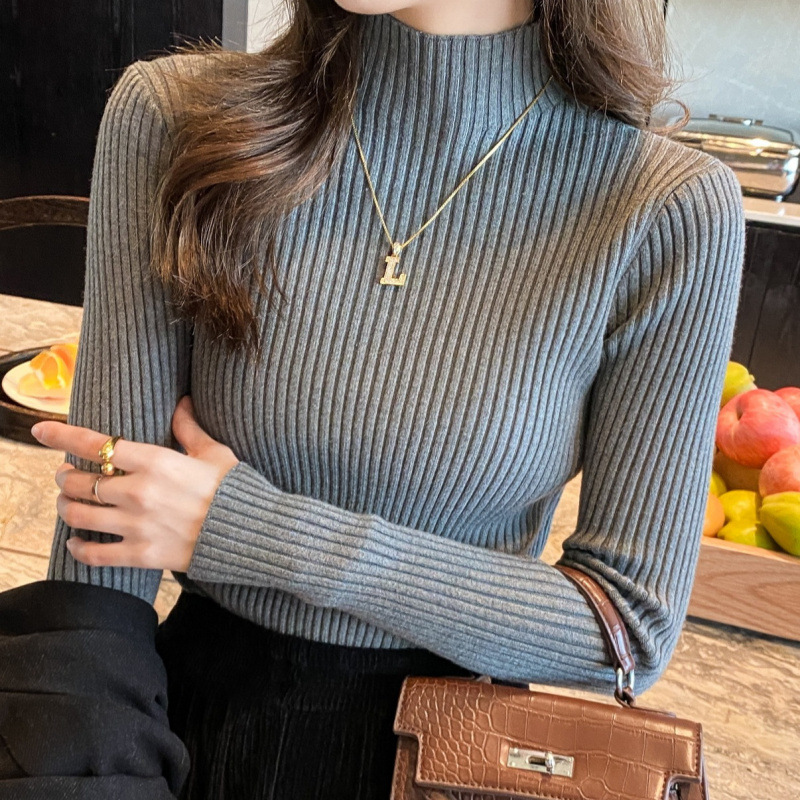 New Knitted Sweater White Versatile Half Turtleneck Autumn and Winter Top with Western Style Bottoming Shirt for Women