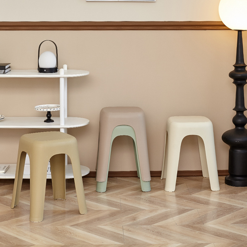 Thickened Adult Plastic Stool Household Simple Leather Pattern Simple Stackable Plastic Bench Dining Chair Single Stool High Stool Wholesale